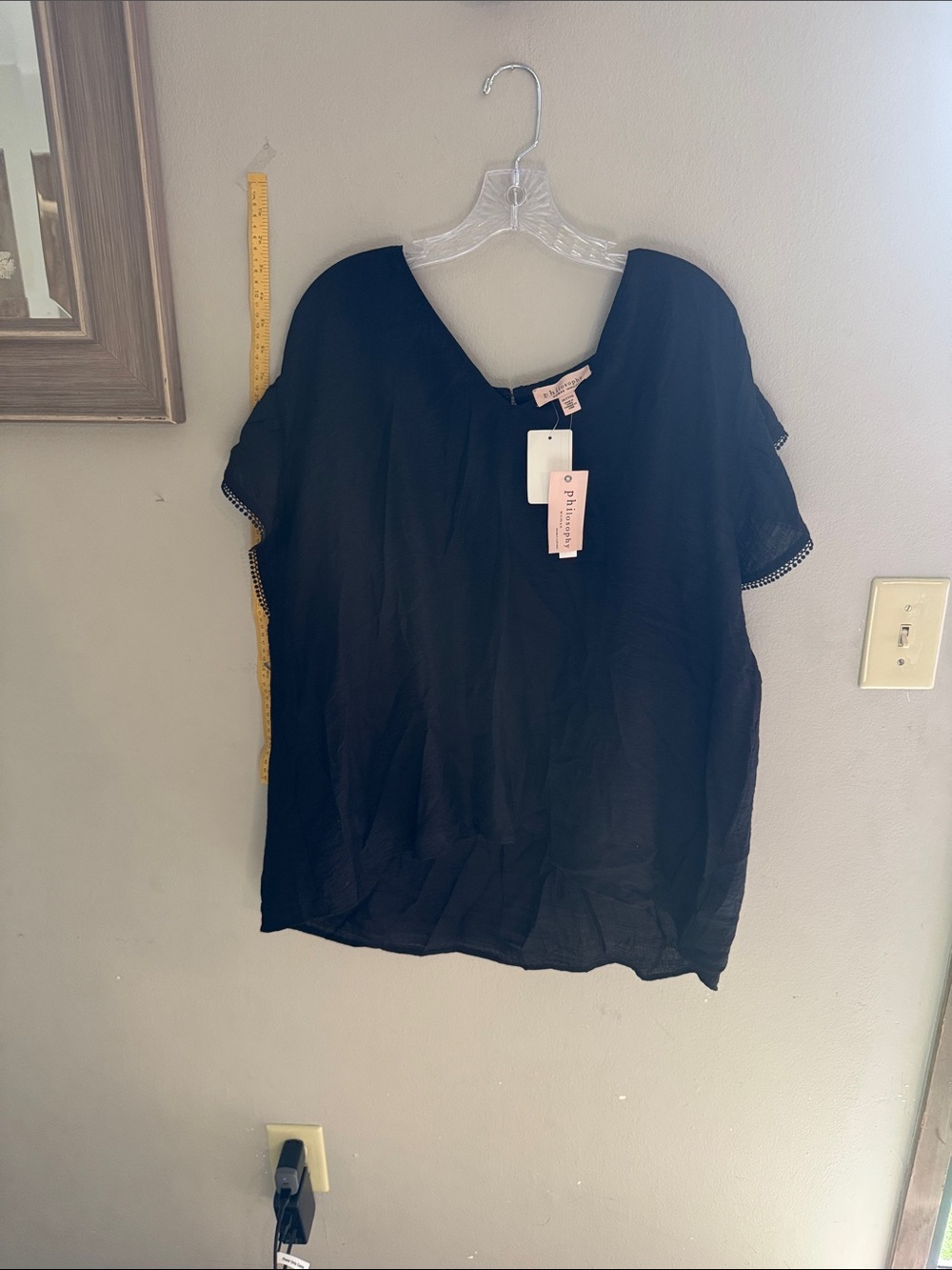 Philosophy Black Short Sleeve V-Neck Blouse with Trim